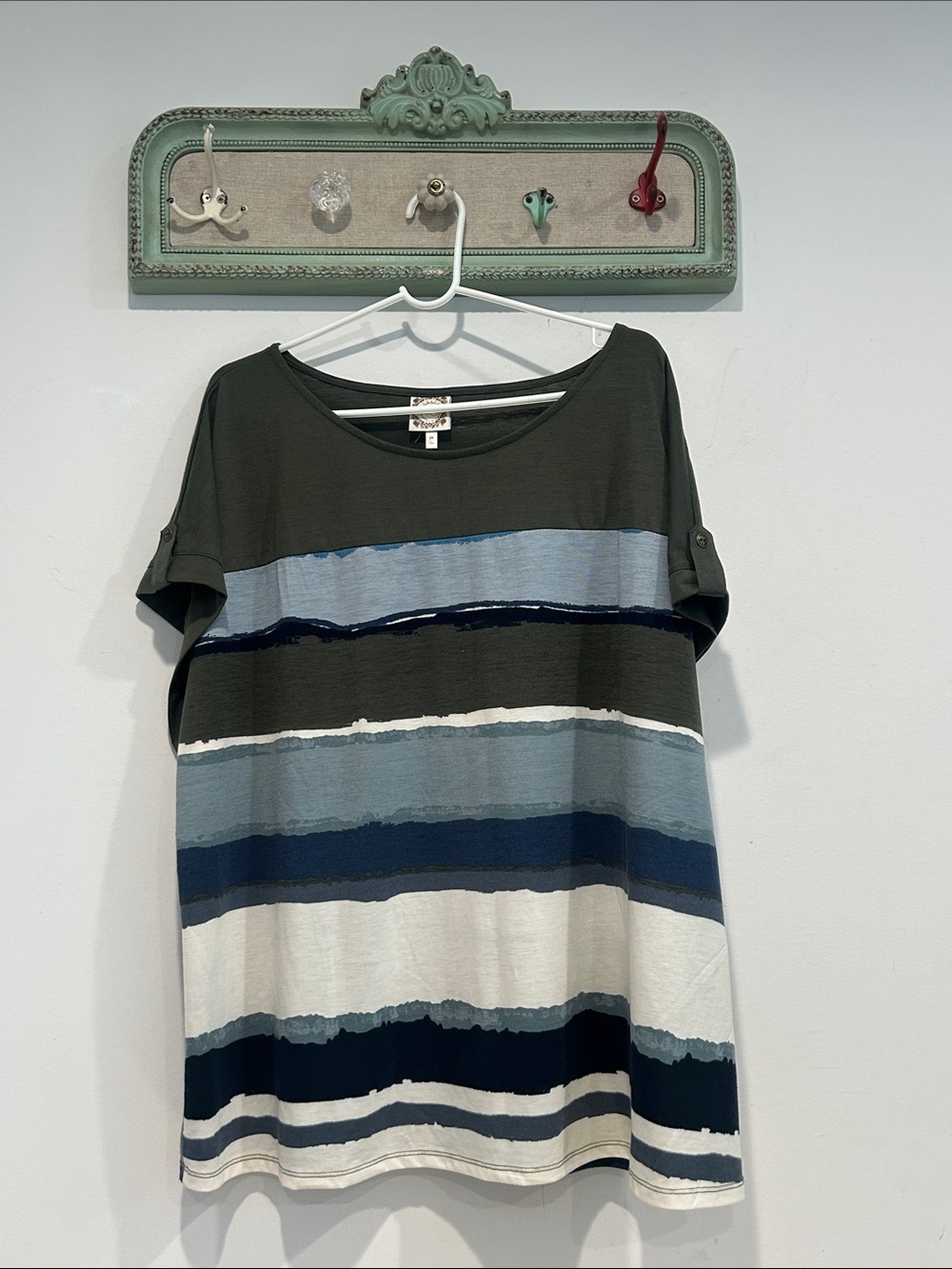 True self Coastal Stripe Short Sleeve Tee - Olive & Blue women’s plus size 3X